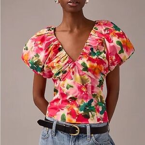 J.Crew Cecily Top Floral Poplin V-Neck Puff Sleeve
